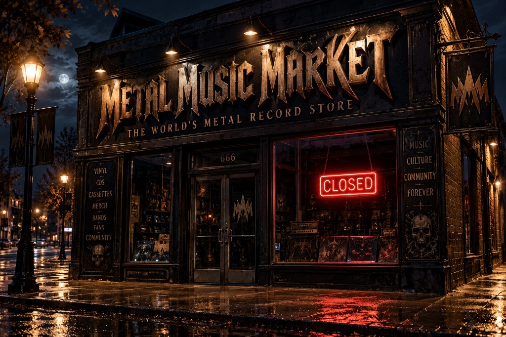 Metal Music Market storefront at night, CLOSED